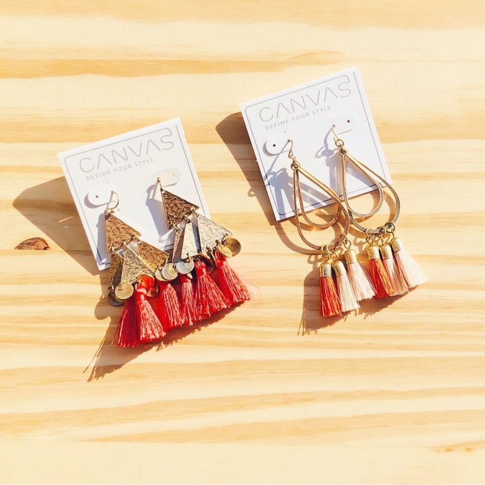 Bella Canvas Coral Tassel Triangle Drop Earrings